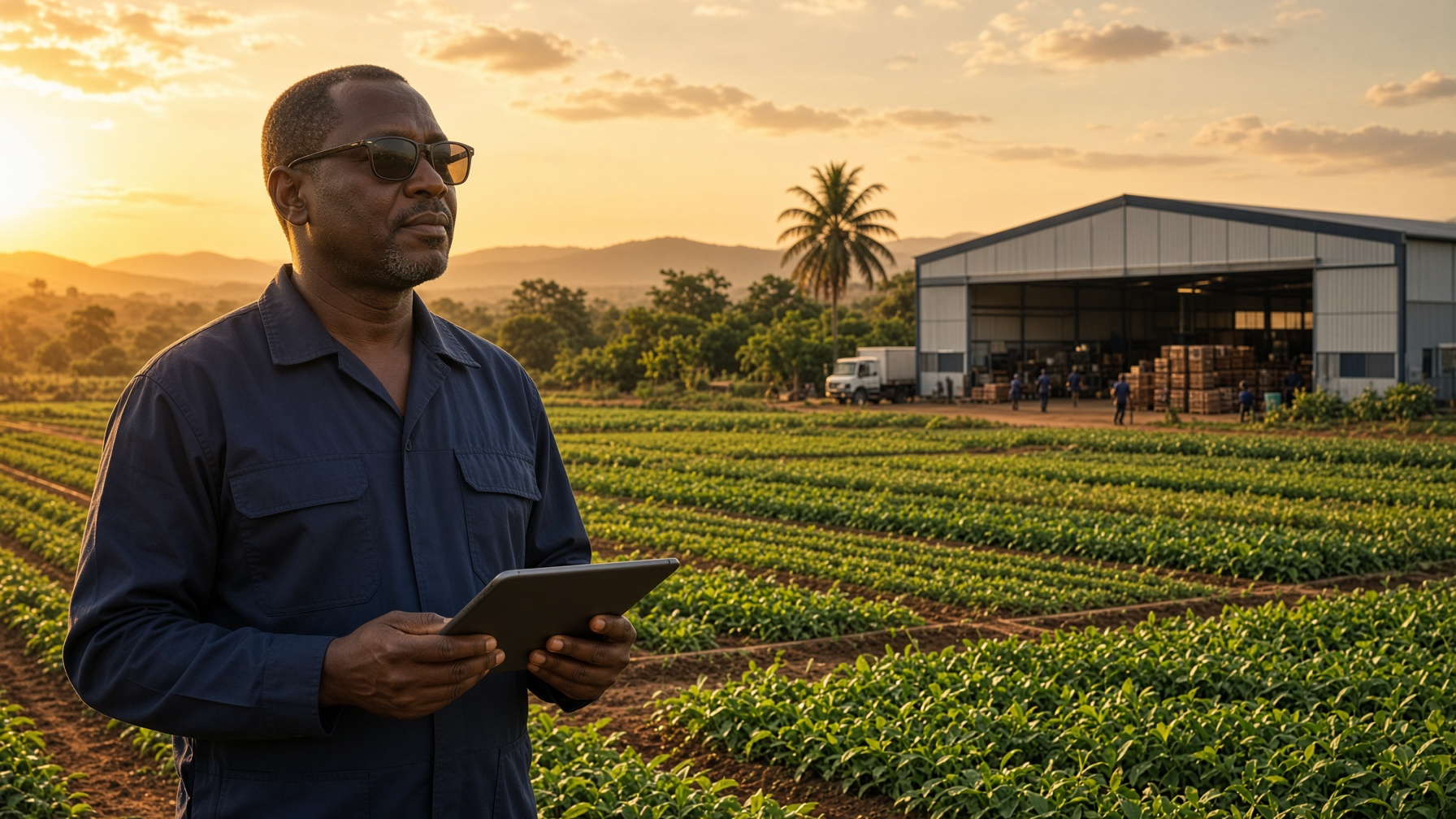 West African agricultural landscape at golden hour with a farm manager using a tablet
