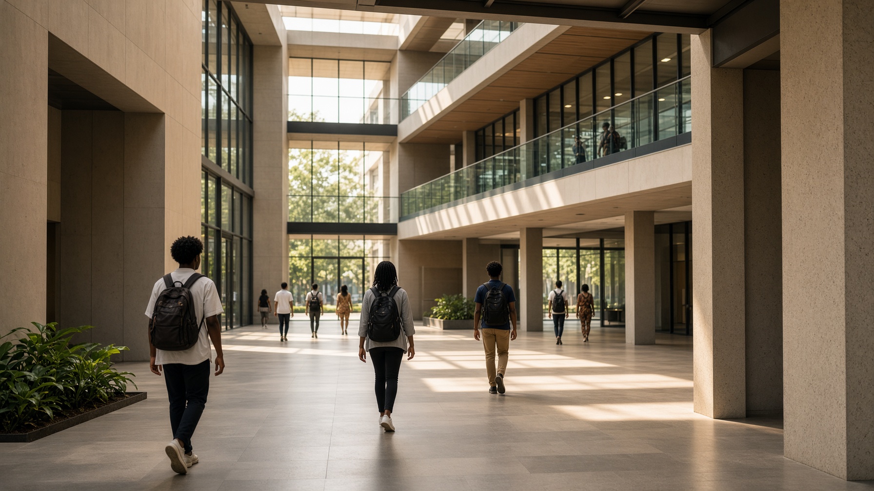 Modern African university atrium with students walking through contemporary architecture