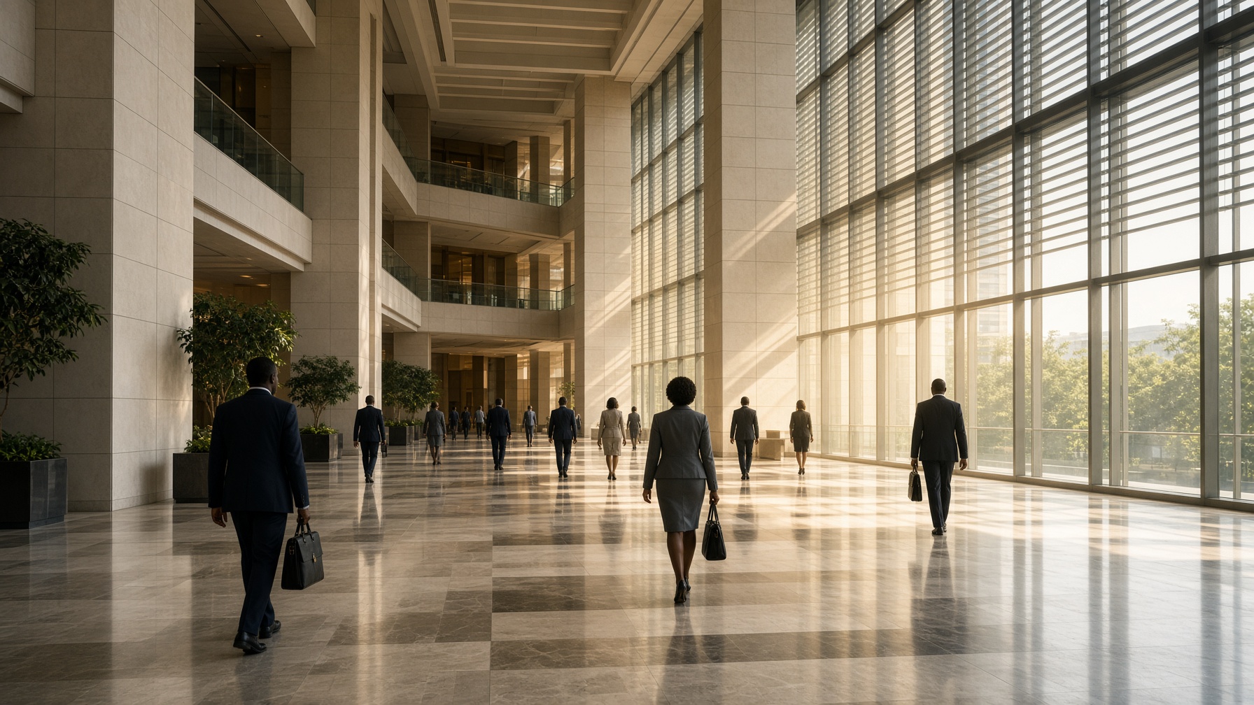 Modern African government ministry atrium with civil servants in motion