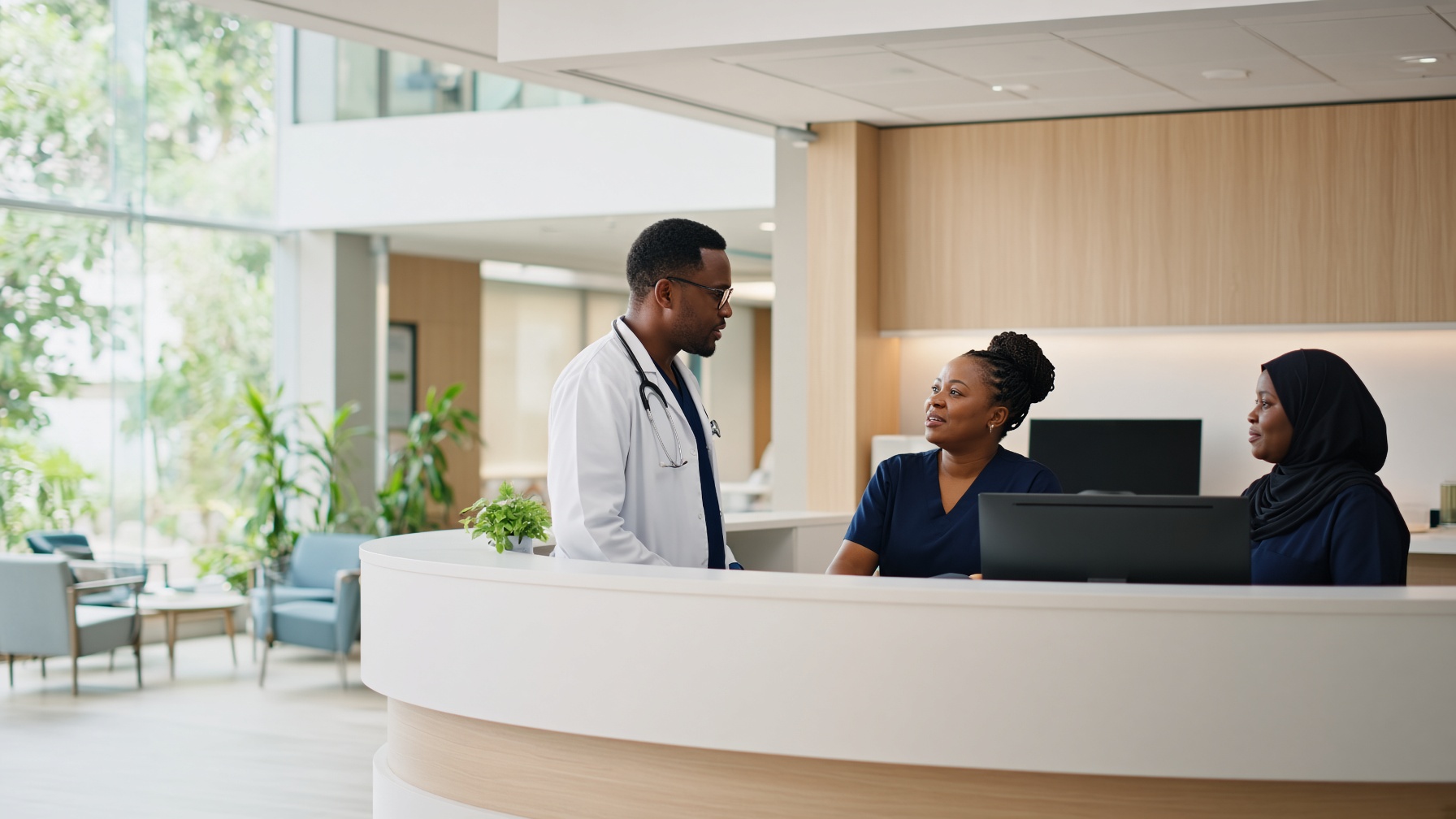 Modern African hospital administration area with clinicians in conversation