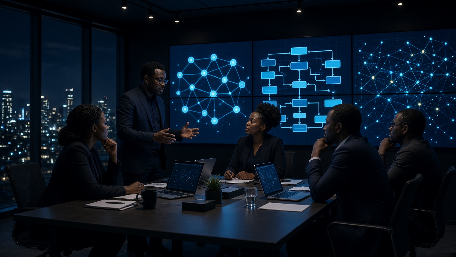 African enterprise operations center with workflow maps on large screens